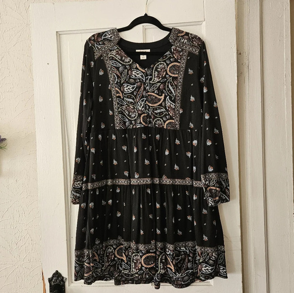 Style And Company Long Sleeve Black Paisley Dress Size Medium, Boho, Peasant - Picture 1 of 6